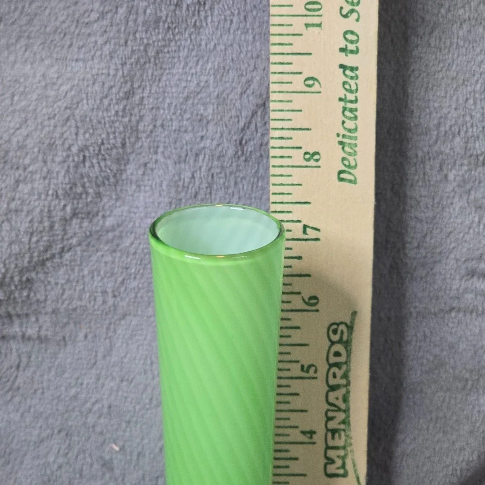 Vintage Green Cased Glass Bud Vase Swirl Stripe Satin Bulbous Base Empoli Style